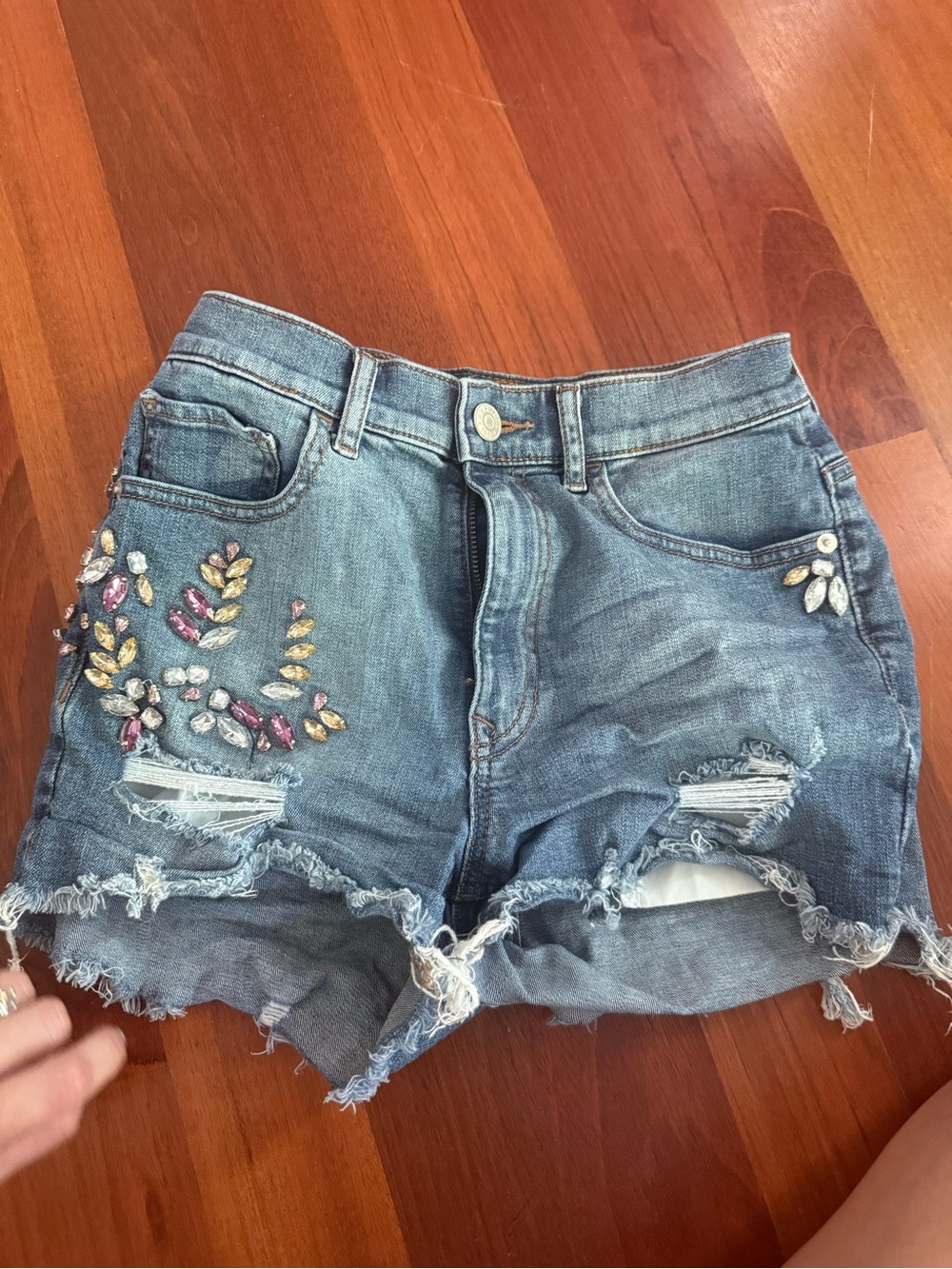 Express Embellished Distressed Denim Shorts - Blue with Multi Jewel Accents